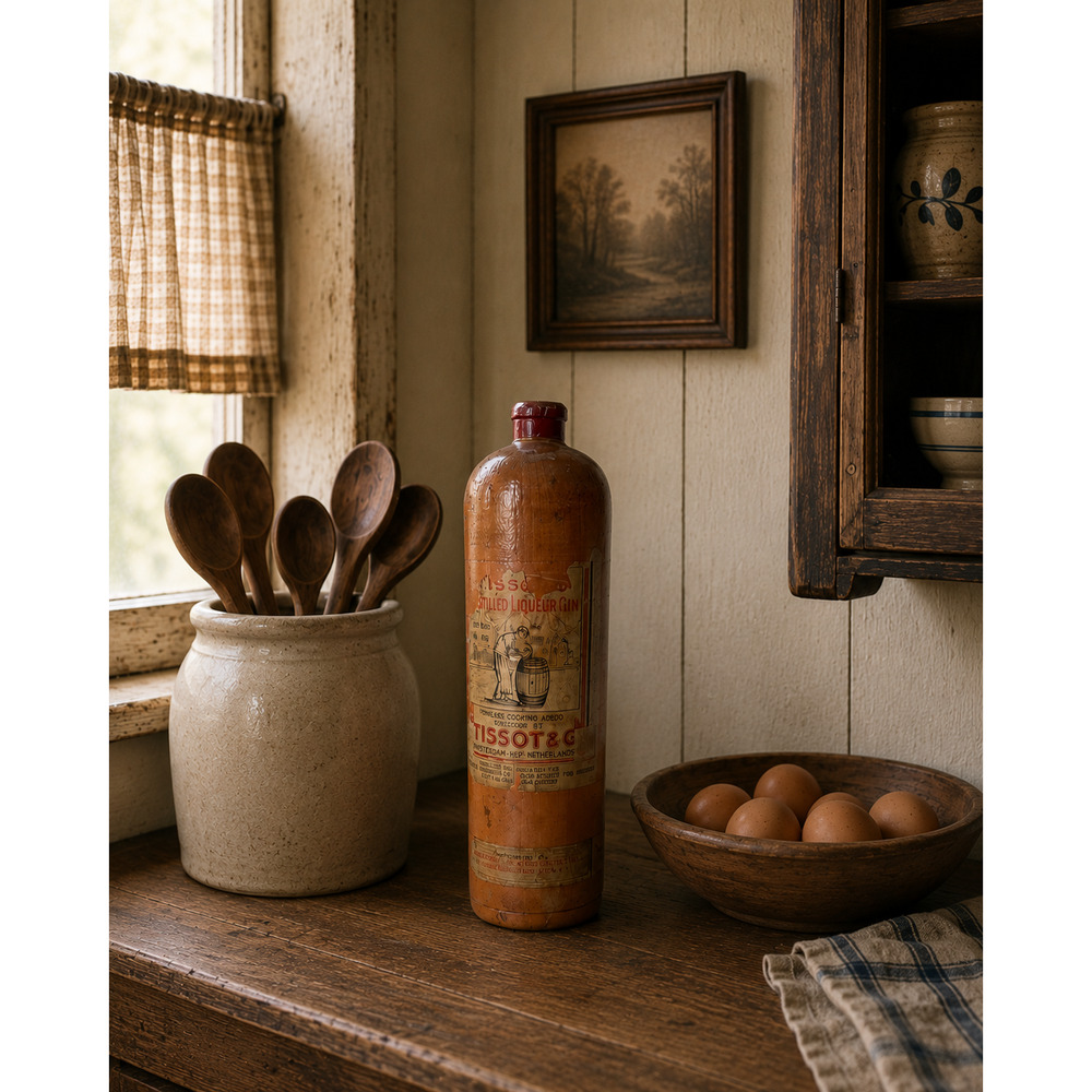 Antique Late 1800s Stoneware Distilled Liqueur Gin Bottle Paper label Netherland